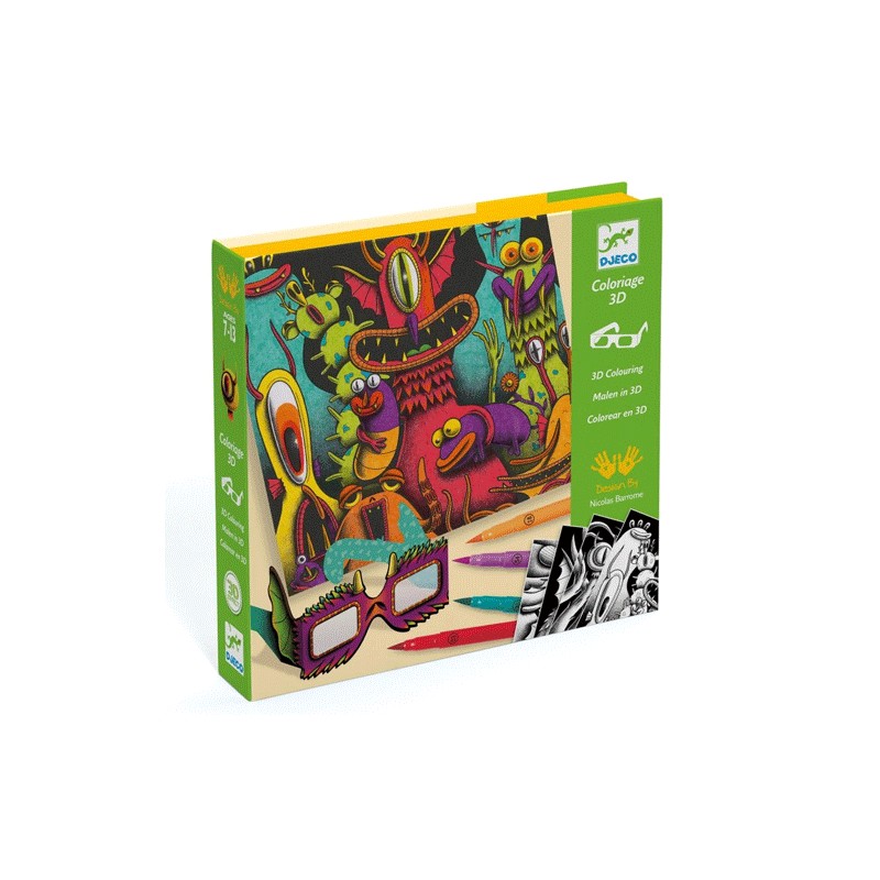 Djeco Funny Freaks – kit 3D para colorear monstruos con gafas 3D